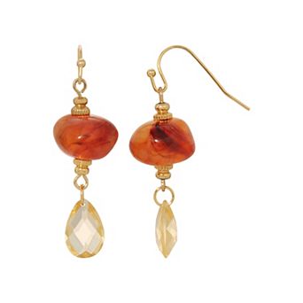 1928 Gold Tone Topaz Color Bead Teardrop Earrings