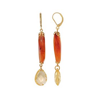 1928 Gold Tone Elongated Topaz Color Bead Teardrop Earrings