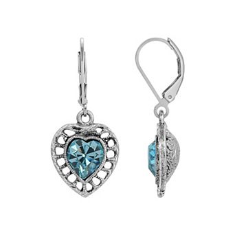 1928 Silver Tone Filigree Blue Stone Heart Drop Earrings