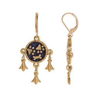 1928 Gold Tone Blue Paws & Bone Dangle Earrings