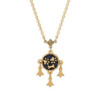 1928 Gold Tone Blue Paws & Bone Charm Necklace