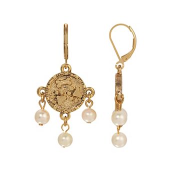1928 Gold Tone Dog Paws & Bone Faux Pearl Drop Earrings