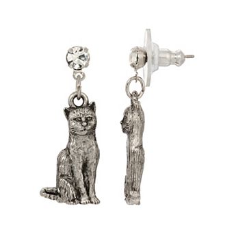 1928 Pewter Cat Drop Crystal Post Earrings
