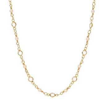 1928 14k Gold Tone Channel Set Crystal Faux Pearl Beads Necklace