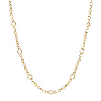 1928 14k Gold Tone Channel Set Crystal Faux Pearl Beads Necklace