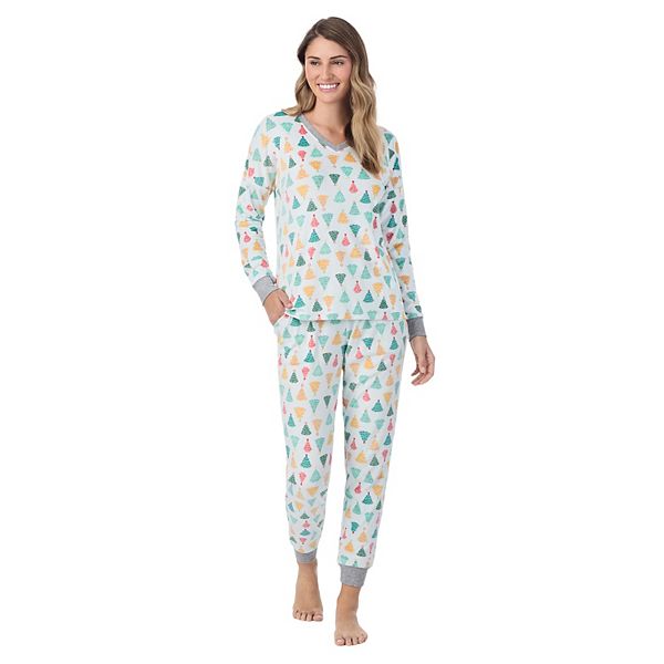 Women's Cuddl Duds® Velour Fleece V-Neck Pajama Top & Pajama Bottoms Set - Mint Trees (SMALL)