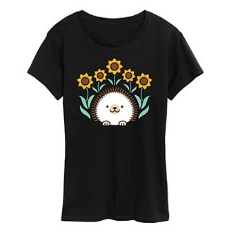 Women's Scandinavian Hedgehog And Sunflowers Oversized Tee