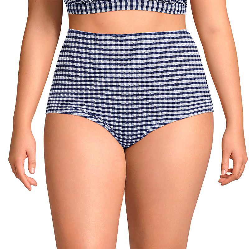 Plus Size Lands' End Tummy Control Gingham Tugless High Waisted Bikini Bottoms, Women's, Size: 1XL, Navy White Gingham