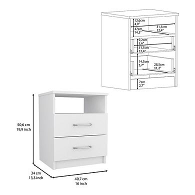 DEPOT E-SHOP Salento Nightstand, Two Drawers, One Shelf, Superior Top, White