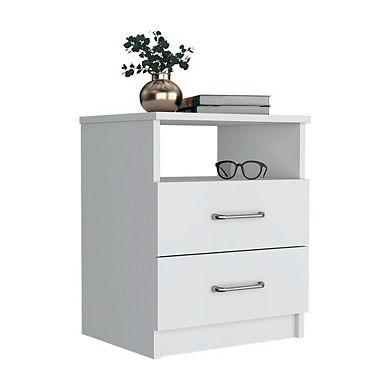 DEPOT E-SHOP Salento Nightstand, Two Drawers, One Shelf, Superior Top, White