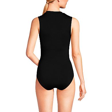 Women's Lands' End Long Chlorine Resistant High Neck Zip Front One Piece Swimsuit with Pockets