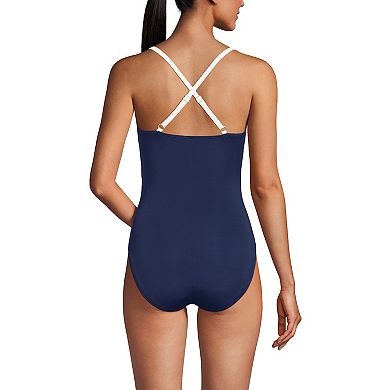 Women's Lands' End Slendertex V-Neck Pleated Crossback One-Piece Swimsuit