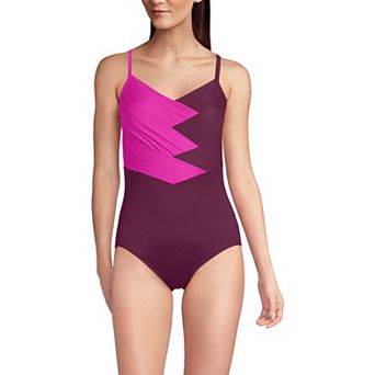Women's Lands' End Slendertex V-Neck Pleated Crossback One-Piece Swimsuit