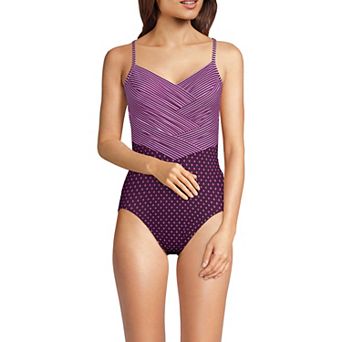 Women's Lands' End Slendertex V-Neck Pleated Crossback One-Piece Swimsuit
