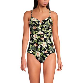 Women's Lands' End Slendertex V-Neck Pleated Crossback One-Piece Swimsuit