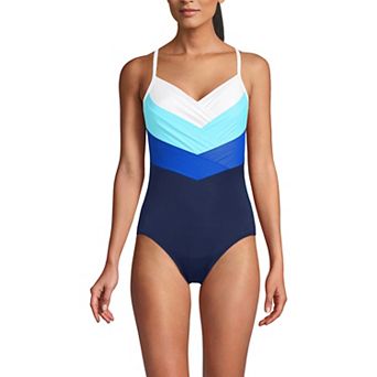 Women's Lands' End Slendertex V-Neck Pleated Crossback One-Piece Swimsuit