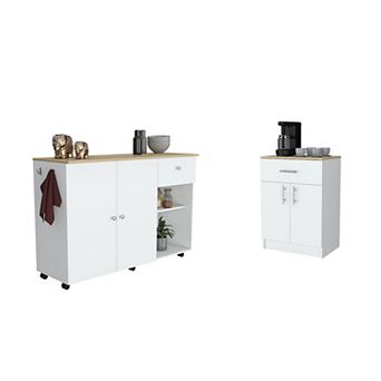 Victoria 2 pc Kitchen Set,Syros Kitchen Island Cart +Barbados Pantry Cabinet,White/Light Oak