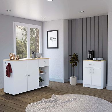Victoria 2 Piece Kitchen Set,Syros Kitchen Island Cart +Barbados Pantry Cabinet,White/Light Oak