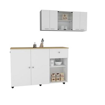 Tigard 2 pc Kitchen Set, Syros Kitchen Island Cart +Oceana 150 Wall Cabinet Glass,White/Light Oak