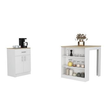 Monroe 2 pc Kitchen Set, Milos Kitchen Island Table + Barbados Pantry Cabinet, White / Light Oak