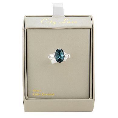 City Luxe Silver Tone Blue Oval Crystal with CZ Baguette Side Stones Ring
