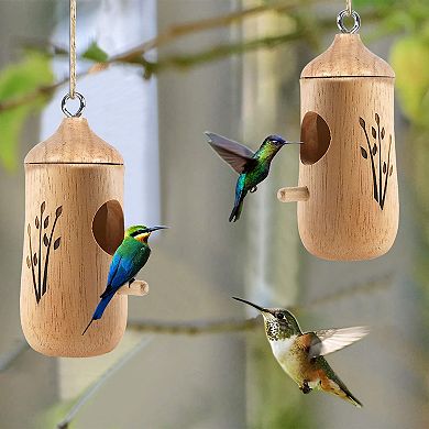 Humming Bird Houses - 2-pack Wooden Hanging Bird Nest Feeder - Patio Garden Craft Decor
