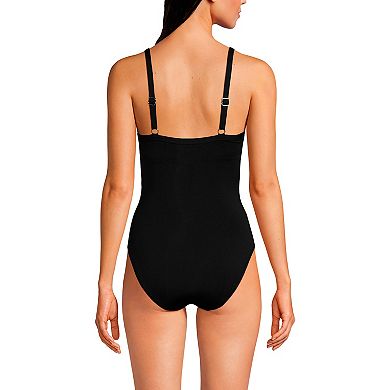 Women's Long Lands' End Bust Enhancing Tummy Slimming Draped Sweetheart Neck One Piece Swimsuit