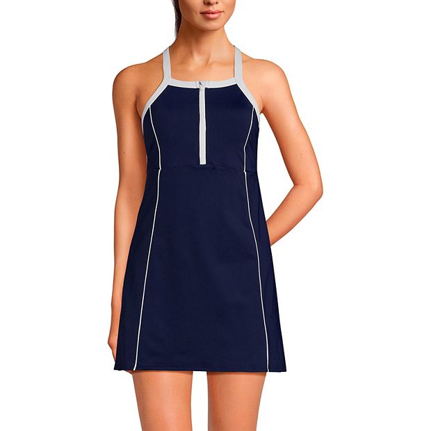 Women s Lands End High Neck Zip Front Slimming One Piece Swimsuit Dress