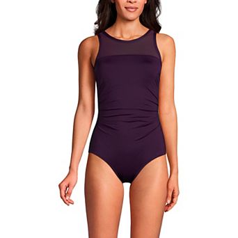 Women's Lands' End Mesh High Neck Tummy Slimming One-Piece Swimsuit
