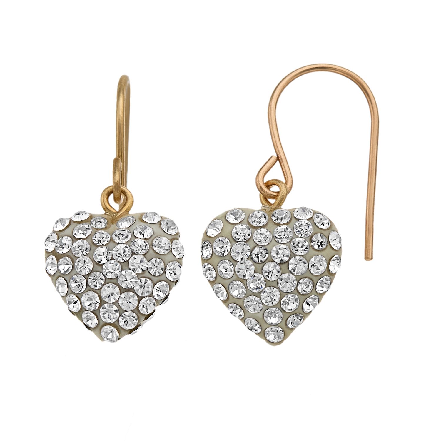 14k Gold Pave Crystal Heart Drop Earrings