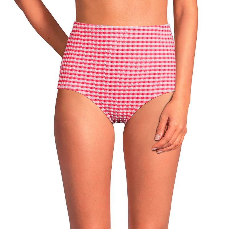 Women's Lands' End Gingham High Waisted Tummy Slimming Tugless Bikini Bottoms, Size: Small, Pink White Gingham