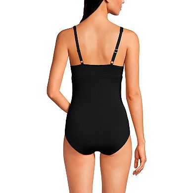 Women's Lands' End Embellished V-Neck Shirred Waist One-Piece Swimsuit