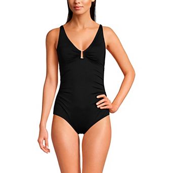 Women's Lands' End Embellished V-Neck Shirred Waist One-Piece Swimsuit