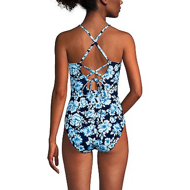 Women's Lands' End Front Lace-Up Scoopneck One-Piece Swimsuit