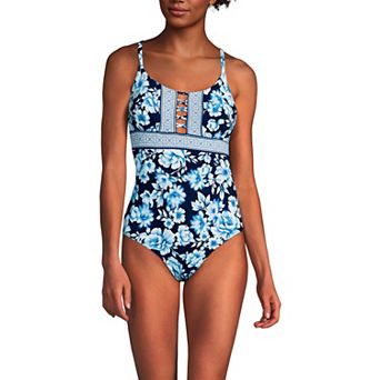 Women's Lands' End Front Lace-Up Scoopneck One-Piece Swimsuit