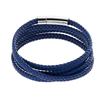 DESTINY FOR MEN Men's Stainless Steel Blue Leather Braided Bracelet
