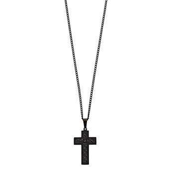 DESTINY FOR MEN Men's Black Ion Over Stainless Steel Leather Cross Pendant Necklace