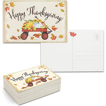 96 Pack Thanksgiving Postcards for Fall, Happy Thanksgiving Cards with Wagon
