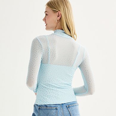 Juniors' Tinseltown Long Sleeve Mock Neck Rhinestone Mesh Top