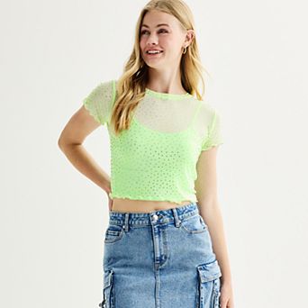 Juniors' Tinseltown Short Sleeve Rhinestone Mesh Top