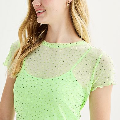 Juniors' Tinseltown Short Sleeve Rhinestone Mesh Top