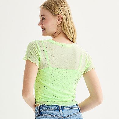 Juniors' Tinseltown Short Sleeve Rhinestone Mesh Top