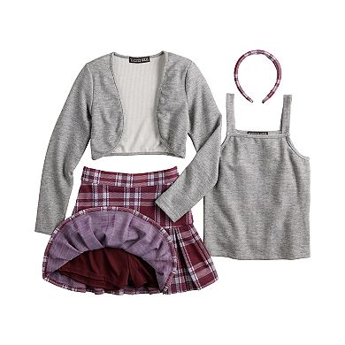 Girls Three Pink Hearts 4-Piece Shrug, Tank Top & Pleated Skort Set