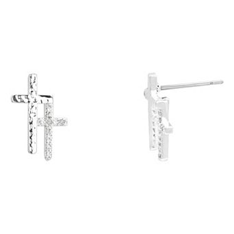Brilliance Silver Tone Cubic Zirconia Double Cross Stud Earrings