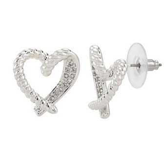Brilliance Silver Tone Cubic Zirconia Rope Texture & Pave Open Heart Stud Earrings