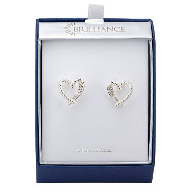 Brilliance Silver Tone Cubic Zirconia Rope Texture & Pave Open Heart Stud Earrings