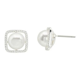 Brilliance Silver Tone Crystal & Simulated Pearl Framed Stud Earrings