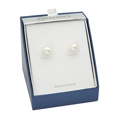 Brilliance Silver Tone Crystal & Simulated Pearl Framed Stud Earrings