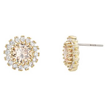 Brilliance Gold Tone Champage & Clear Cubic Zirconia Halo Stud Earrings