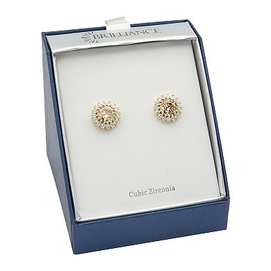 Brilliance Gold Tone Champage & Clear Cubic Zirconia Halo Stud Earrings